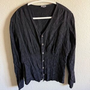 CP Shades Black Textured Button-Down Blouse Embroidered Casual Spring Summer
